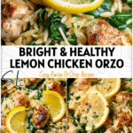 A bowl of Lemon Garlic Chicken Orzo with spinach, parmesan, and fresh lemon slices served warm.
